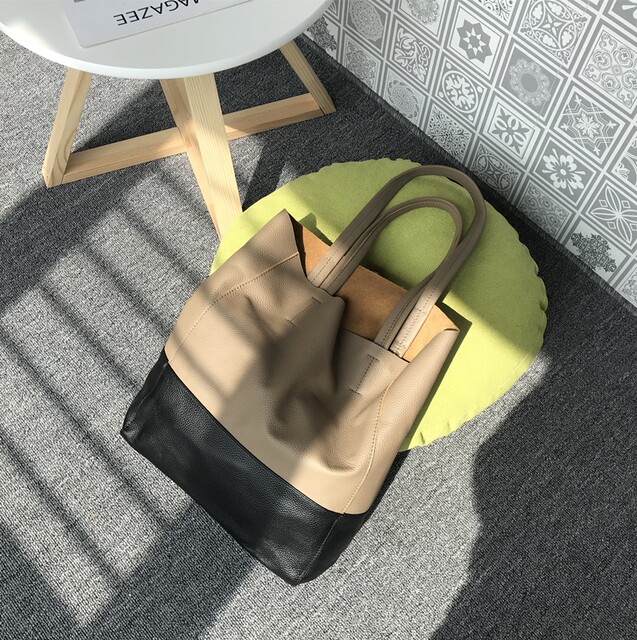 Li Yitong's same style first layer cowhide tote bag shopping bag simple color matching large capacity bag trendy fashion women's bag