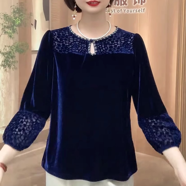 
Hollow hot diamond drip collar gold velvet top women's autumn loose flesh-covering shirt fashionable age-reducing middle-aged and elderly women's clothing