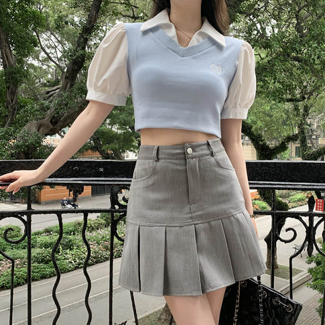 Pocket pleated skirt for women with summer high waist A-line slim and versatile Korean style short skirt suit fabric khaki skirt