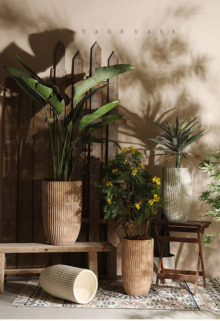 Chaozhou factory direct sales vertical pattern high-end European and American magnesium mud vase home office homestay decoration green plants imitate ancient
