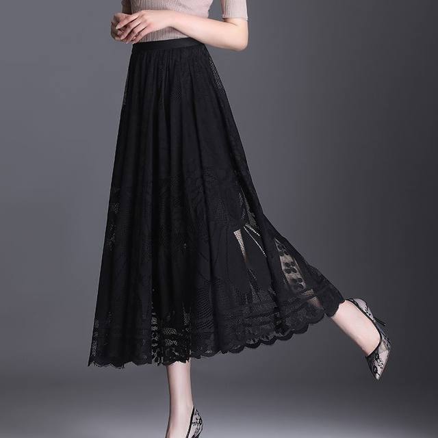 Lace skirt for women 2021 new popular versatile A-line midi skirt for large mesh hollow fairy pleated skirt