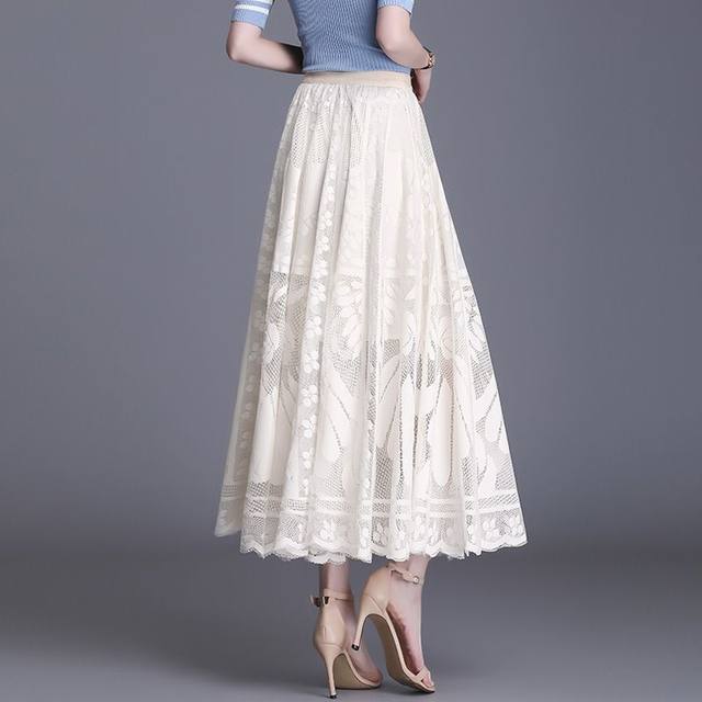 Lace skirt for women 2021 new popular versatile A-line midi skirt for large mesh hollow fairy pleated skirt