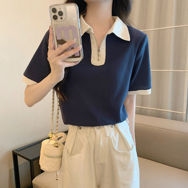 Women's short-sleeved summer polo collar versatile loose slim design niche half-sleeved top

