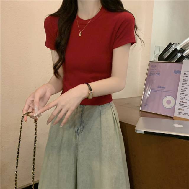 Women's short-sleeved summer high-end round neck slim slim short-waisted navel top
