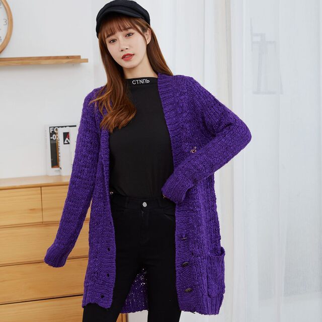 Foreign trade cardigan mid-length women's sweater jacket loose version purple V-neck long-sleeved Tongle temperament jacquard early spring