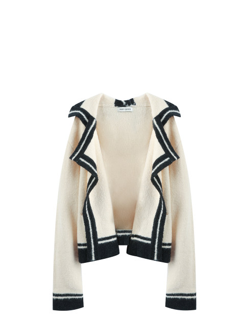 ROEYWANG Merino black and white contrasting niche design large lapel short jacket lazy style sweater knitted cardigan