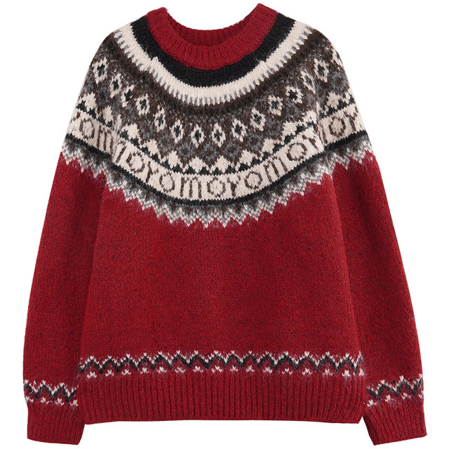 ODonedu retro jacquard fair Island Christmas night round neck pullover sweater women's red winter diamond knitted sweater