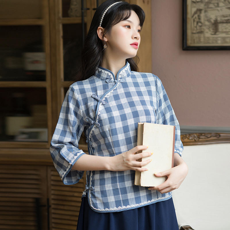 民国风学生装复古风班服中国风汉服改良格子旗袍上衣中式唐装套装