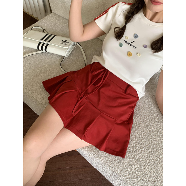 Jinggu white label DADATATA short lace-up pleated skirt for women's summer large-size skirt
