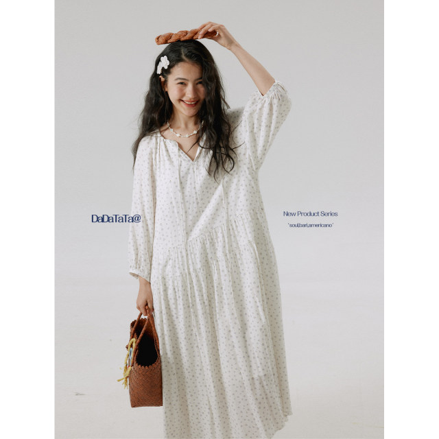 Jinggu white label DADATATA100 cotton V-neck drawstring fat mm large size beautiful dress
