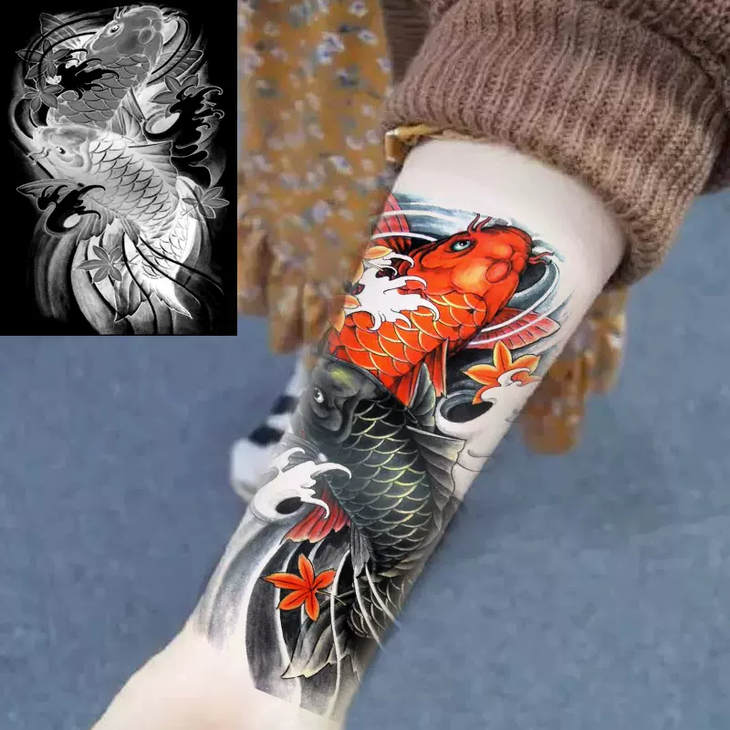 小腿纹身贴防水男女彩色大红荷花鲤鱼花臂手臂大腿刺青持久逼真