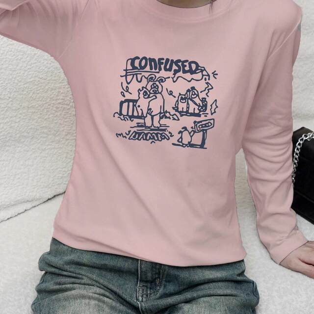 Round neck pure cotton t-shirt for girls purple cartoon pig slim fit oversize long-sleeved top for women