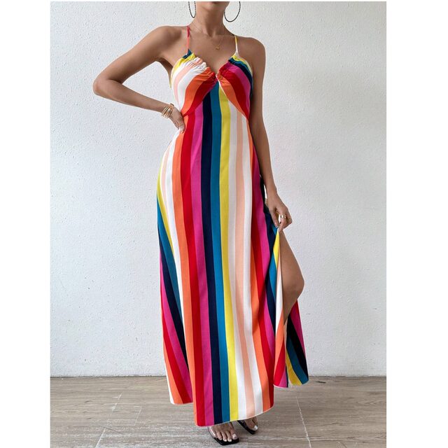 Beach skirt summer new fashion European and American style V-neck striped print backless Sexy slit suspender dress for women