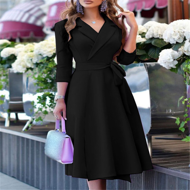 Quick selling the commute OL wind suit collar blue printed strap waist seven -point sleeve mid -length dress Dress