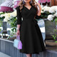 Quick selling the commute OL wind suit collar blue printed strap waist seven -point sleeve mid -length dress Dress