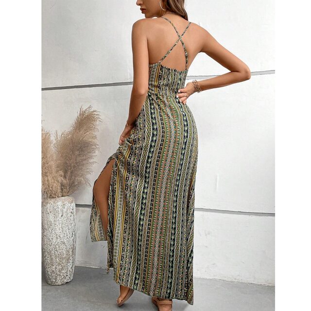 Beach skirt summer new fashion European and American style V-neck striped print backless Sexy slit suspender dress for women