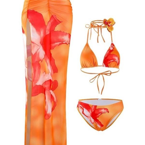 Thailand Bali Sanya vacation swimsuit women's new sexy skirt bikini three-piece long skirt straps