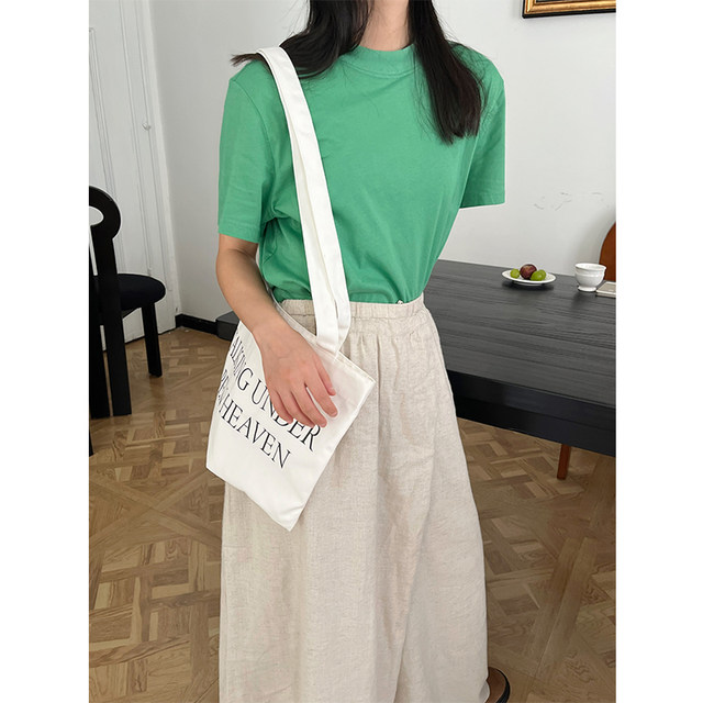 Niche cousin 2025 spring and summer new green loose top half turtle neck T-shirt women's short-sleeved women's clothing