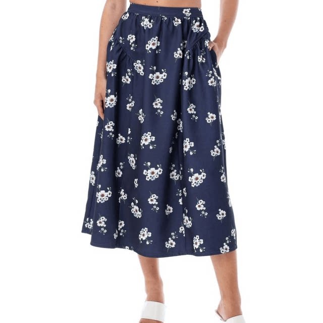 Commuter High Waist Dark Blue Flower Double Pockets Large Skirt