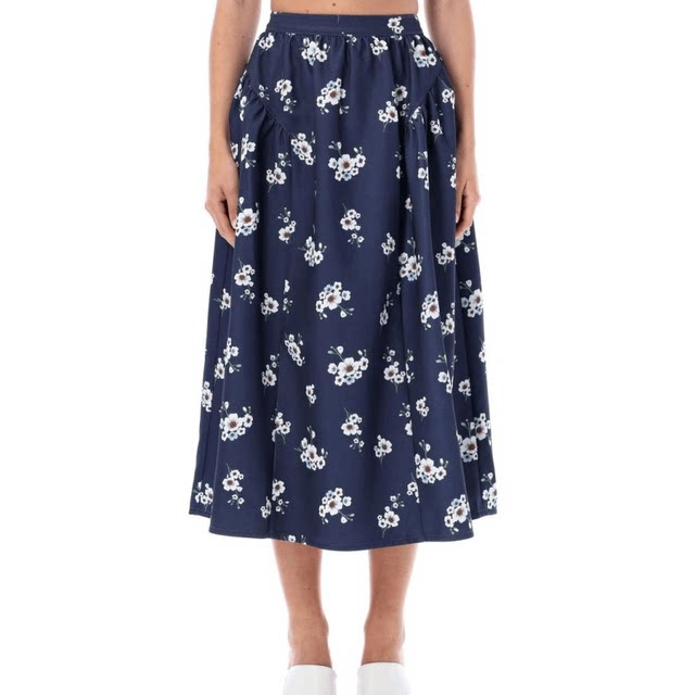 Commuter High Waist Dark Blue Flower Double Pockets Large Skirt