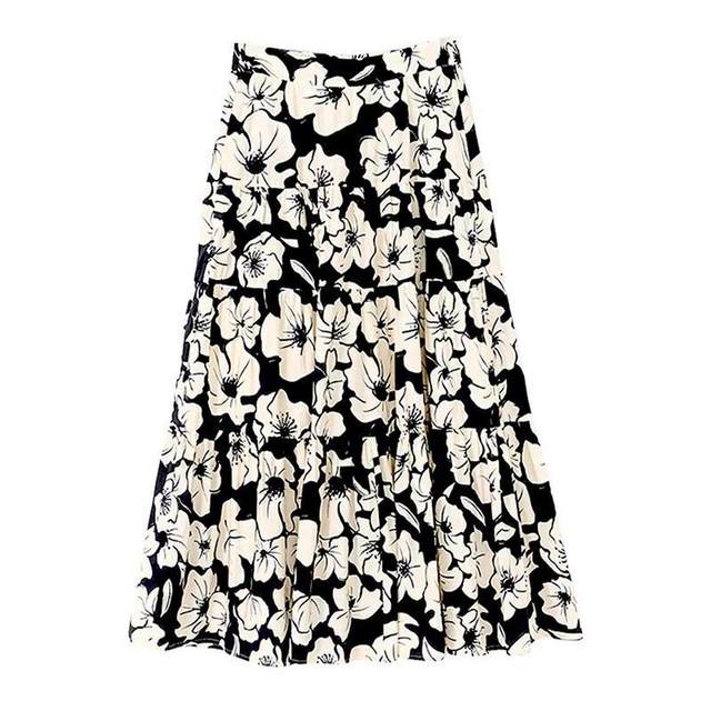 Black and white intellectual printed large skirt retro pocket single layer puffy skirt spring and summer design elastic waist
