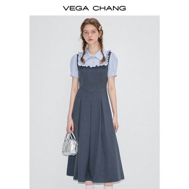 VEGA CHANG short-sleeved dress for women 2025 summer new fake two-piece square collar college style splicing long skirt
