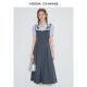 VEGA CHANG short-sleeved dress for women 2025 summer new fake two-piece square collar college style splicing long skirt
