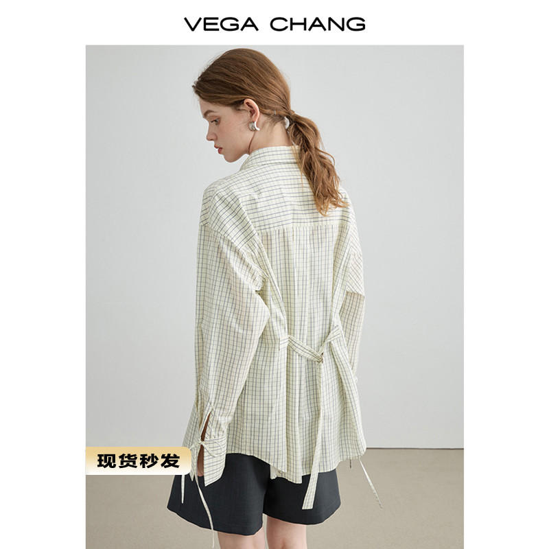 VEGA CHANG長袖襯衫女2023秋季新款小個子寬鬆顯瘦設計感格紋上衣