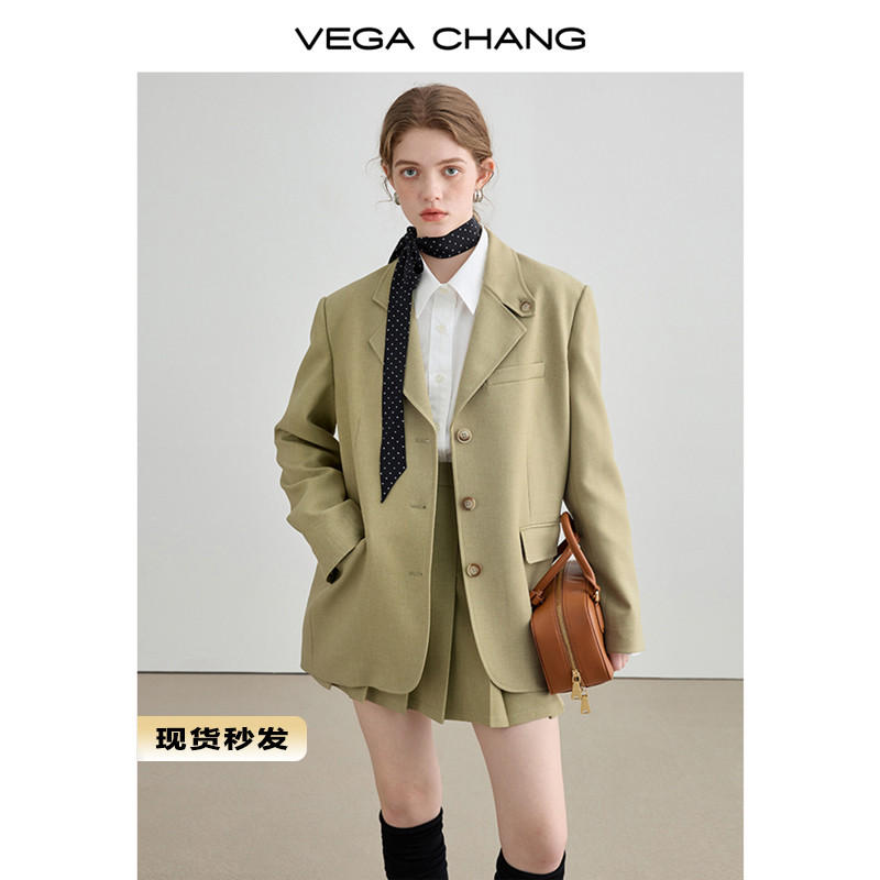 VEGA CHANG休閒時尚套裝女秋季新款西裝外套百褶裙通勤時尚兩件套