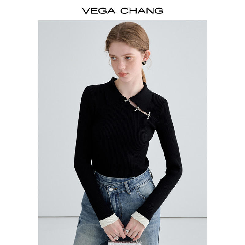 VEGA CHANG新中式針織衫女2023秋新款設計感小眾修身顯瘦長袖上衣