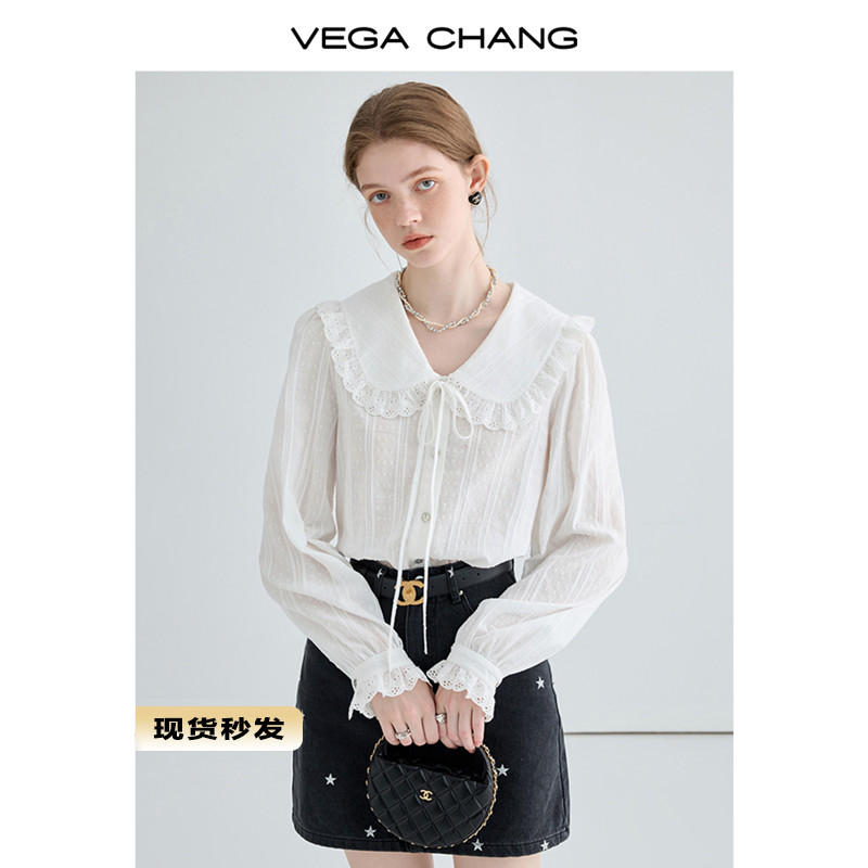 VEGA CHANG白色襯衫女2023秋季新款設計感小眾娃娃領正肩長袖襯衫