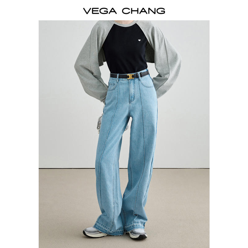 VEGA CHANG直筒牛仔褲女2023秋新款寬鬆顯瘦高腰垂感闊腿拖地褲子