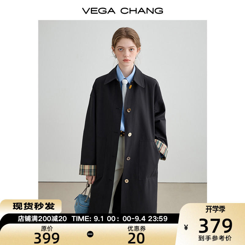 VEGA CHANG風衣女中長版2023秋季新款寬鬆顯瘦拼接袖英倫風外套潮