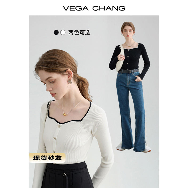 VEGA CHANG長袖針織衫女2023秋季新款設計感小眾修身顯瘦打底上衣
