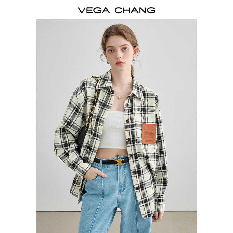 VEGA CHANG長袖襯衫女2023秋新款設計感小眾寬鬆顯瘦港風格紋襯衫