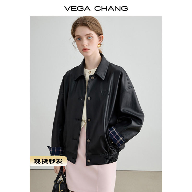 VEGA CHANG機車皮衣外套女2023秋新款高級感寬鬆顯瘦復古夾克上衣