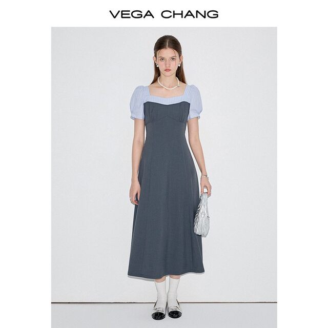 VEGA CHANG short-sleeved dress for women 2025 summer new fake two-piece square collar college style splicing long skirt
