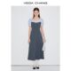 VEGA CHANG short-sleeved dress for women 2025 summer new fake two-piece square collar college style splicing long skirt

