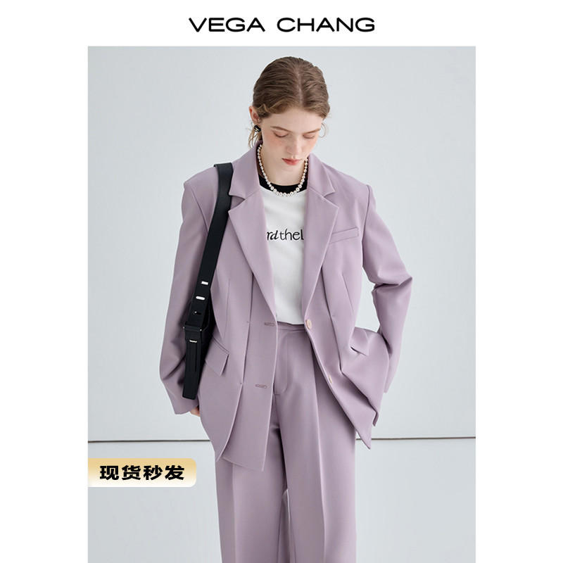 VEGA CHANG休閒套裝女2023秋季新款寬鬆顯瘦西服外套直筒褲兩件套