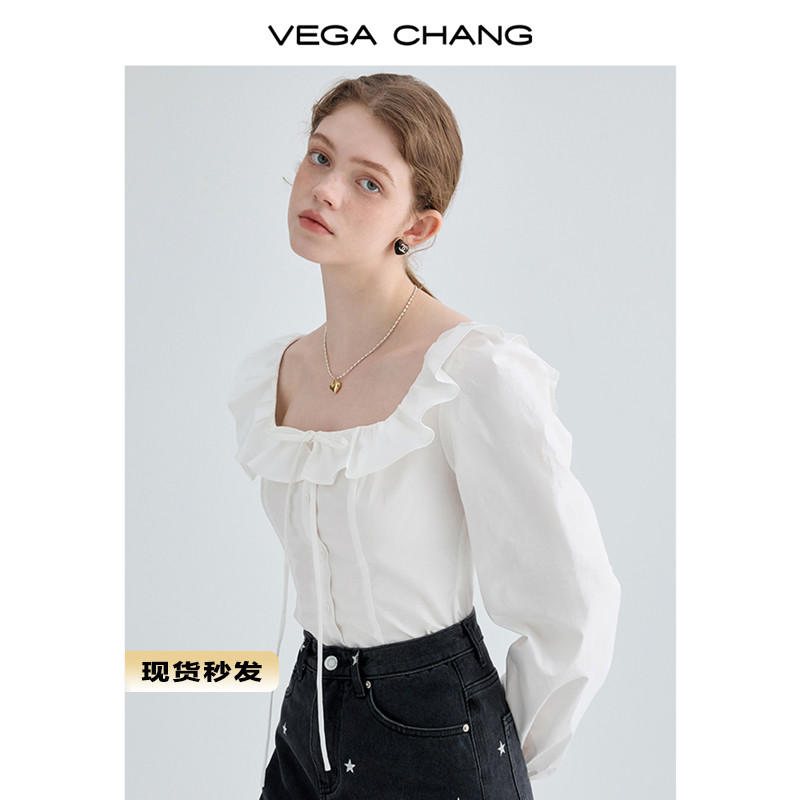 VEGA CHANG白色襯衫女2023秋季新款設計感小個子顯瘦方領長袖上衣