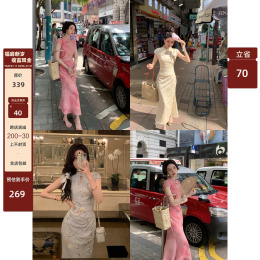 Great Eees Rouge New Chinese Style Improved Cheongsam Openwork Disc-Picking Dress Retro Small Vertical Collar Long Skirt