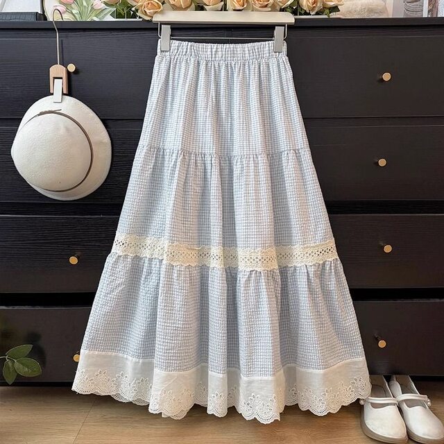 Fat mm Extra Large Size 300 Jin [Jin equals 0.5 kg] Sweet lace spliced ​​contrasting skirt for women loose high waist mid-length cake skirt 2