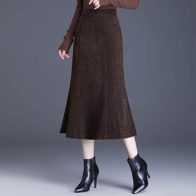 Bright silk knitted skirt female autumn and winter new high -waisted slimming, zipper fishtail skirt, hip skirt