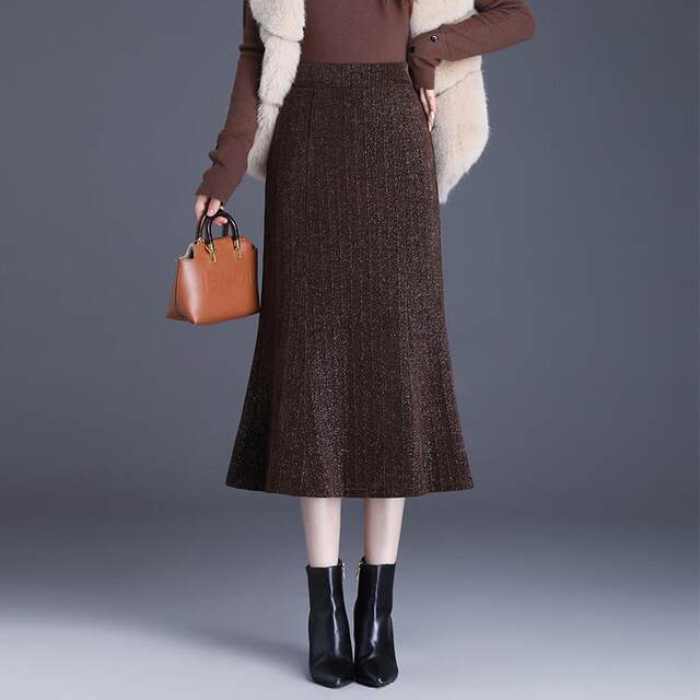 Bright silk knitted skirt female autumn and winter new high -waisted slimming, zipper fishtail skirt, hip skirt