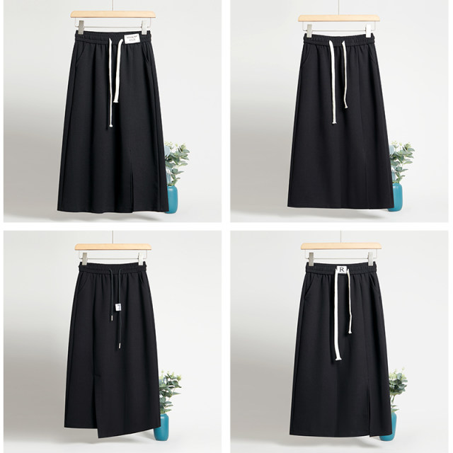 Sweatshirt skirt women's autumn 2025 new lace-up high waist elastic casual one-step long skirt slit straight skirt