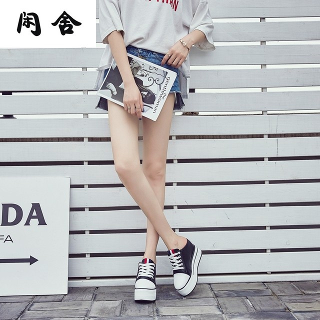 Xianshe autumn new style inner heightening half slippers college style Baotou women's sandals 10cm high heel platform thick sole no heel