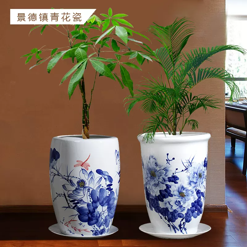 新款景德鎮陶瓷花盆手繪青花瓷樹盆高帶託盤發財樹鳳尾竹蘭花盆 Taobao