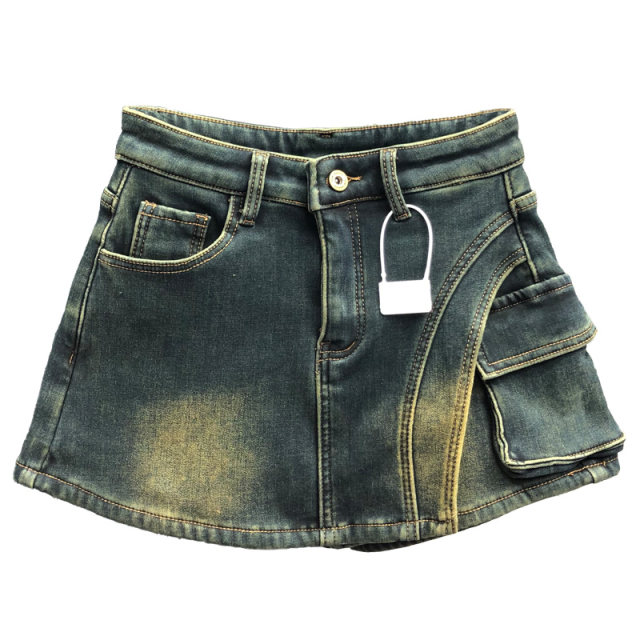 Asymmetric hot girl niche plus velvet thickened denim skirt for women 2025 autumn and winter new casual hip-pack short skirt