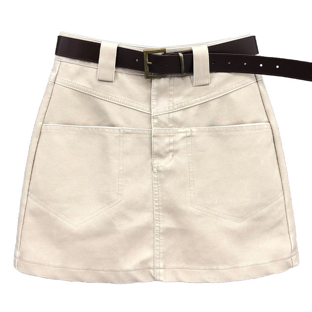 European beige simple style skirt for women 2025 spring new personalized pocket high waist versatile PU leather hip skirt