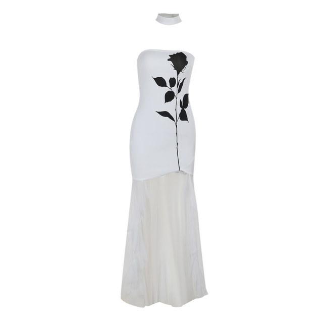 instahot printed strapless mesh skirt and hem dress for women 2024 autumn new spliced ​​hot girl long skirt for women